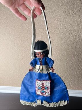 Vintage 1950s Googly Eyed Native Souvenir Doll Bag Leather Beaded Wristlet Purse
